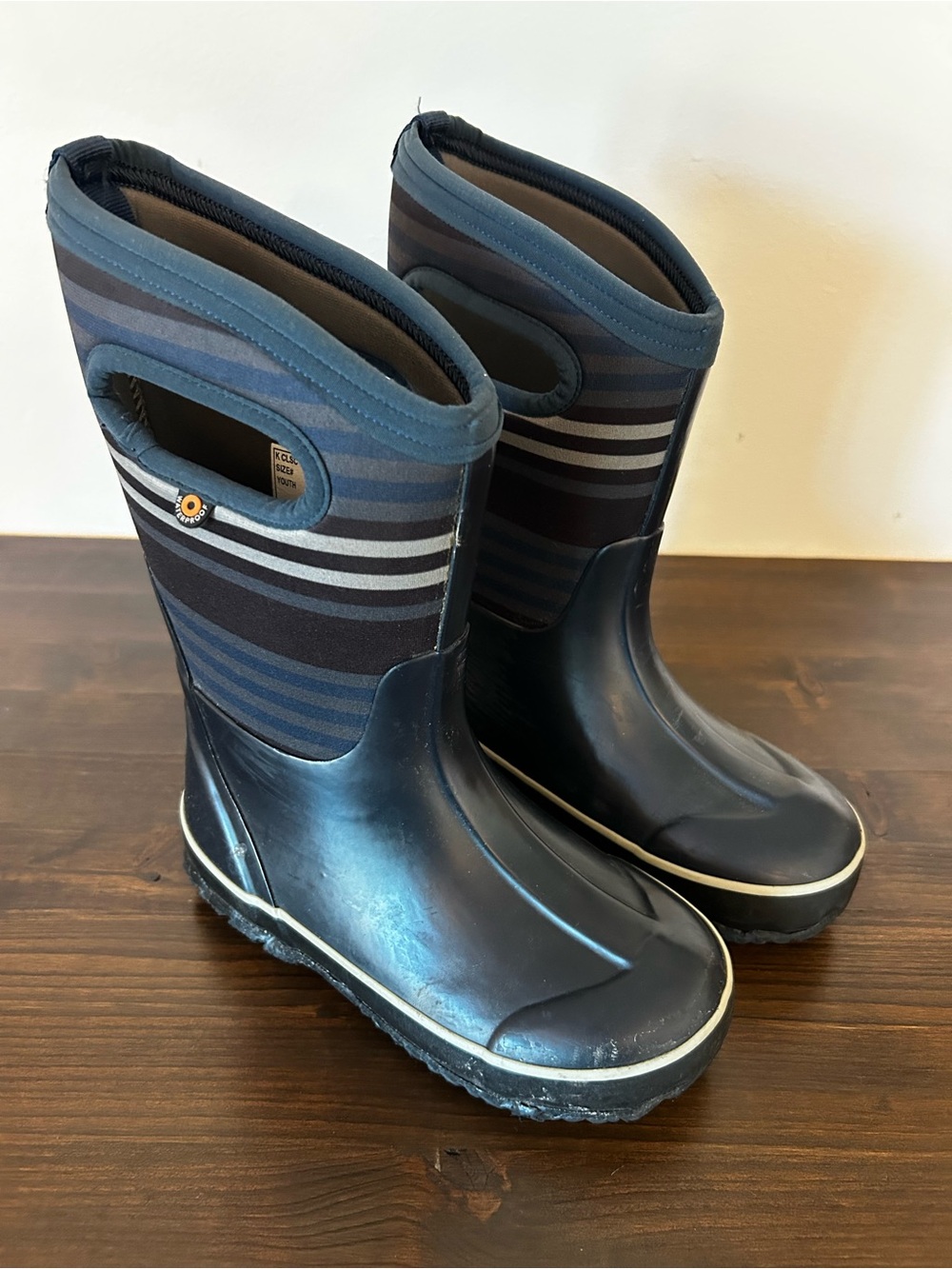 Bogs Navy and Gray Striped Kids Waterproof Rain & Snow Boots